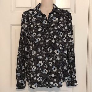 blue floral button front blouse